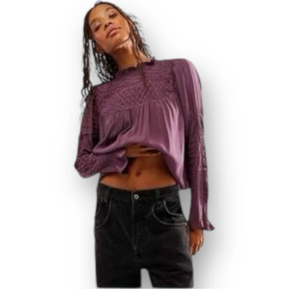 Free People smoked long sleeve mock top purple grape size L